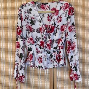 Ambiance Floral Peplum Blouse Red Pink Rose V-Neck Tie Long Sleeve Ruffle Med